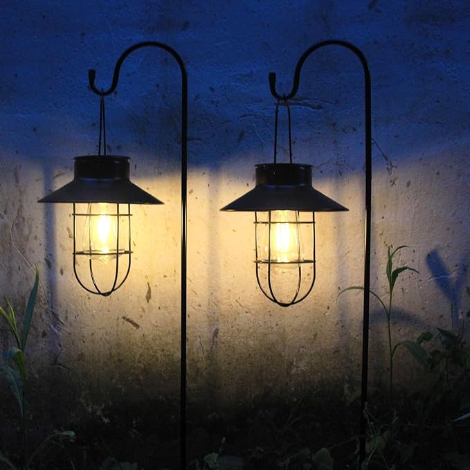 4 Pack Hanging Solar Lantern Lights with Shepherd Hook, Metal Waterproof Warm White Edison Bulb Lights for Garden Outdoor Pathway-CasaMuseHome