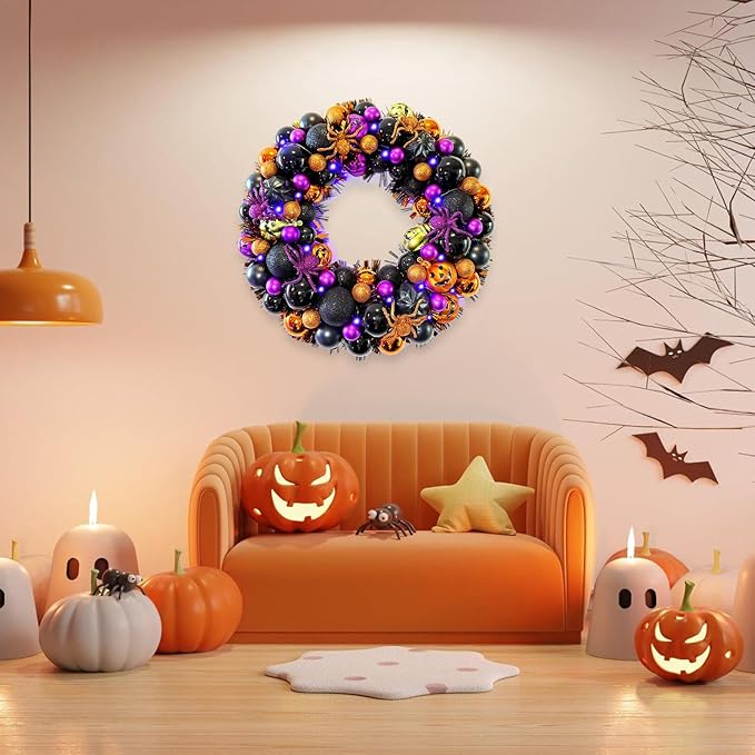 17 Inch Halloween Ball Wreath for Front Door with Lights, Lighted Cute Treat-or-Trick Door Wreath Ball Ornament for Halloween Indoor Decorations Centerpiece Party Holiday Wall Home Decor-CasaMuseHome