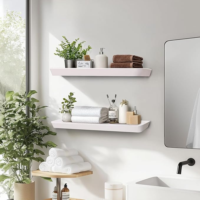 24"x6.8"x1.6" Slanted Floating Wall Shelves 2-Pack - Rustic White Finish, Heavy-Duty Solid Wood Design with Hidden Brackets - Perfect for Living Room, Kitchen, Bathroom, or Office-CasaMuseHome