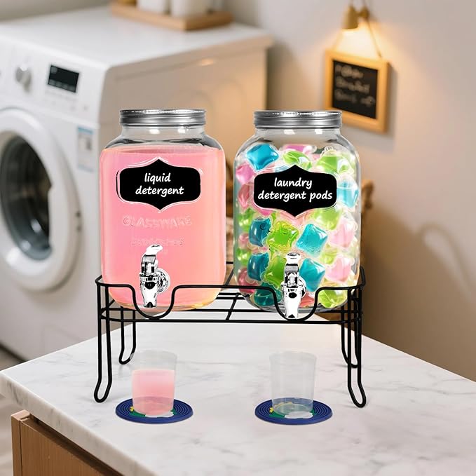2-Pack 1 Gallon Glass Laundry Detergent Dispenser Set with Bamboo Lids and Stand - Liquid Soap and Fabric Softener Dispensers with Spigots, Cups, Labels and Mats, Laundry Room Organization and Storage-CasaMuseHome
