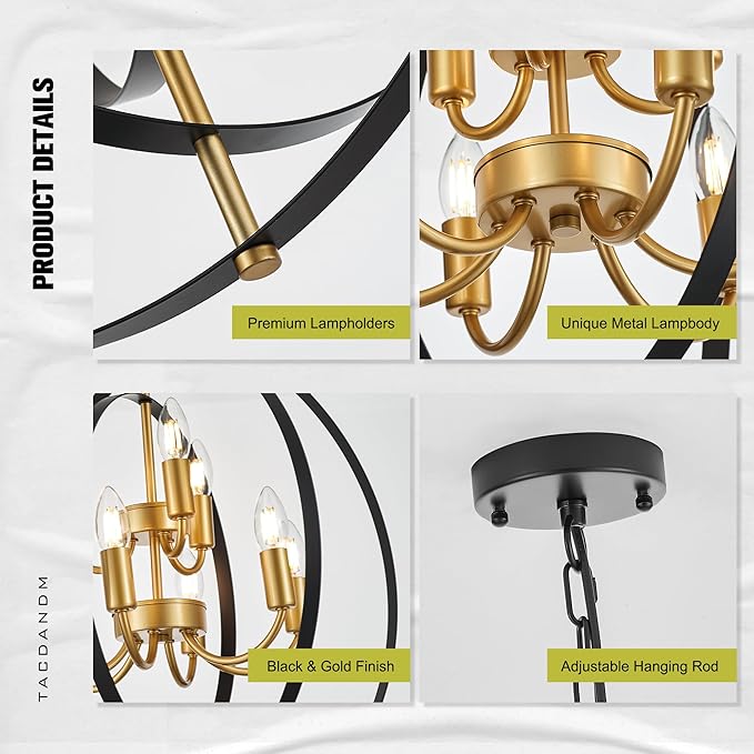 9-Light Globe Rustic Metal Chandelier, 23.6" Black Gold Adjustable Hanging Ceiling Pendant Light Fixture for Entryway Foyer Stairway Bedroom Dining Living Room Hallway-CasaMuseHome