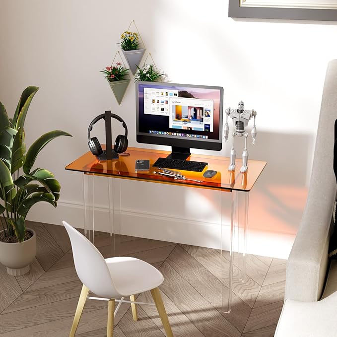 Acrylic Desk, Modern Study Table for Home Office - Extended Surface Multi-Purpose Console & Entryway Table, Sturdy Lightweight Design (42.5-inch, Orange)-CasaMuseHome