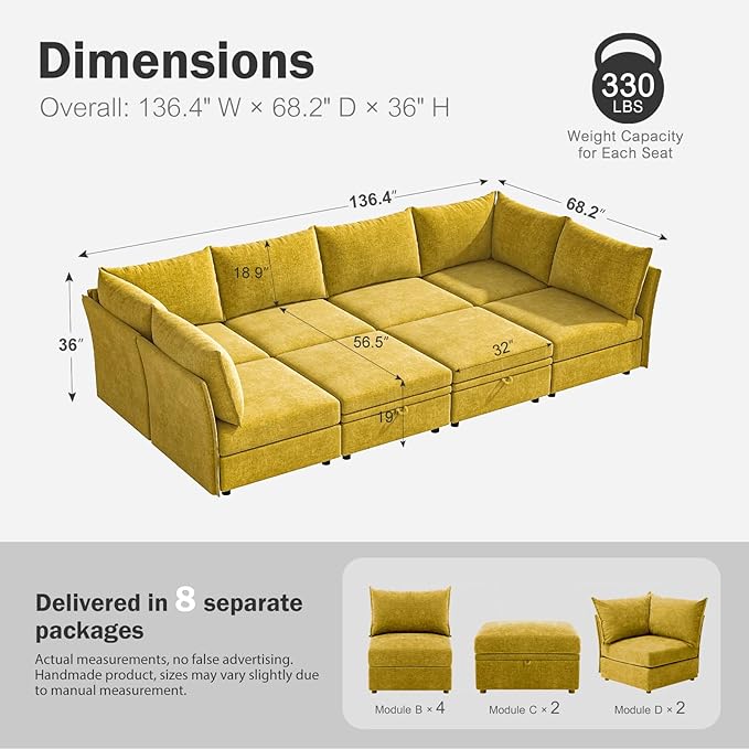 136.4" Oversized Modular Sectional Sleeper Sofa Bed, U Shaped Convertible Couch with Movable Ottoman, Large 8 Seat Corner Couches for Living Room Deep Seat Yellow Chenille-CasaMuseHome