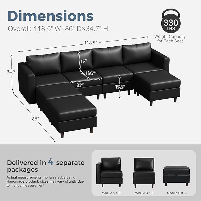 ABCASA 118.5" Faux Leather Modular Sectional Sofa, 7 Seater U Shaped Couch with Storage Seat with Reversible Chaise Deep Seat for Living Room Black-CasaMuseHome