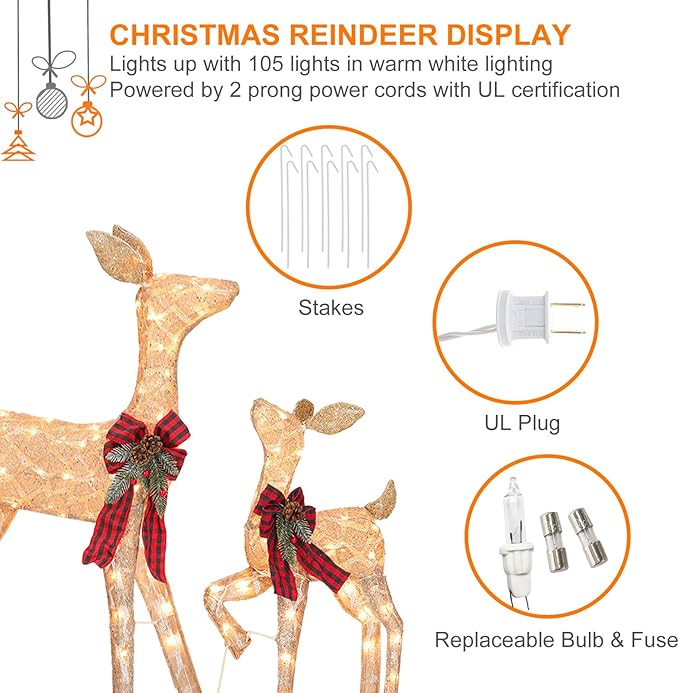 2 Pcs Reindeer Christmas Decoration, Xmas Lighted Golden Shimmering Doe and Fawn Display Set with 105 Warm White Lights for Yard Lawn Indoor Outdoor-CasaMuseHome
