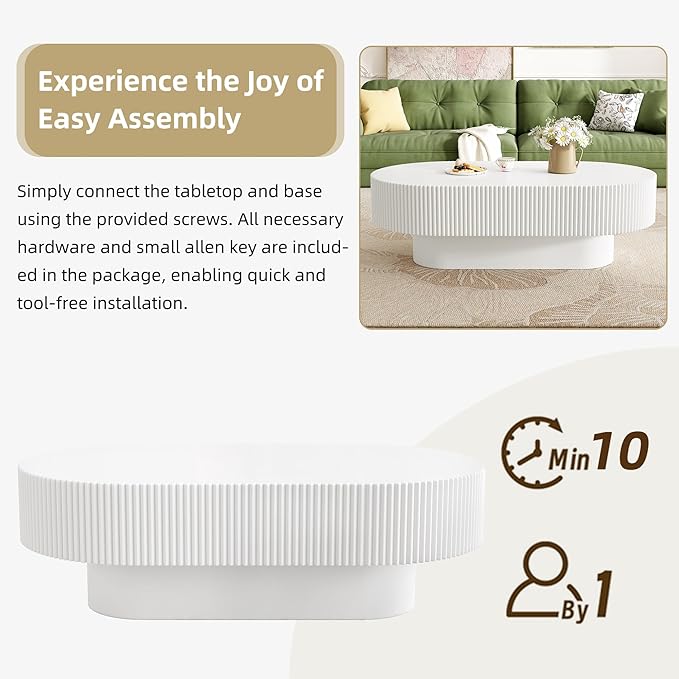 43.3" Oval Fluted Coffee Table Modern Elegant Drum End Table, Minimalist Center Table 7.8" Thick Tabletop with Sturdy Base for Living Room, Bedroom, Apartment,Easy Assembly, White-CasaMuseHome