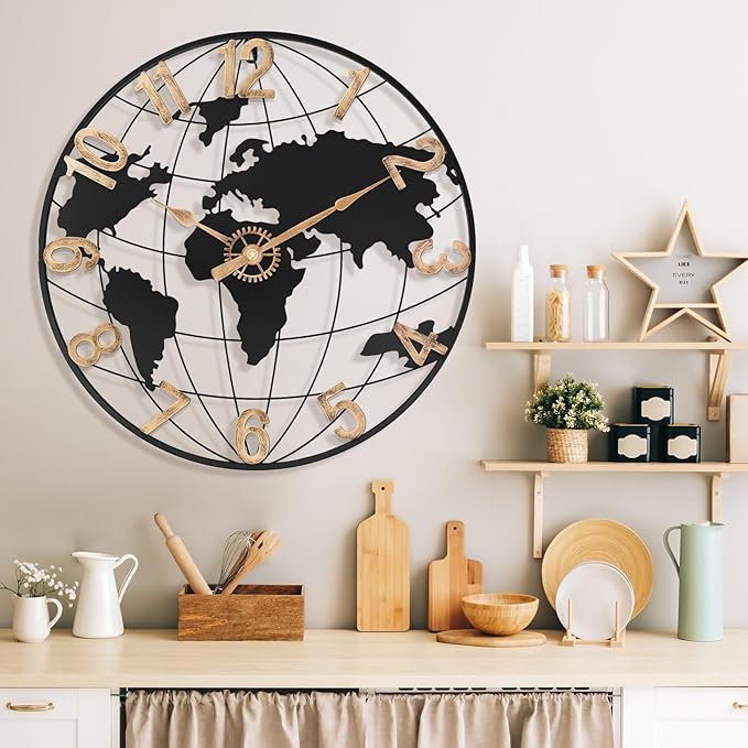 24 Inch Large Wall Clock for Living Room Decor,Big Modern Decorative Silent Metal World Map Wall Clock with Vintage Gold Arabic Numeral for Office,Living Room,Kitchen,Dining Room-CasaMuseHome