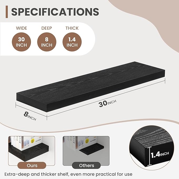 30 Inch Floating Shelves, 8 Inch Deep Floating Shelves for Wall, Hanging Shelf with Invisible Brackets, Deep Shelves for Bathroom, Bedroom, Living Room, Black, Set of 2-CasaMuseHome