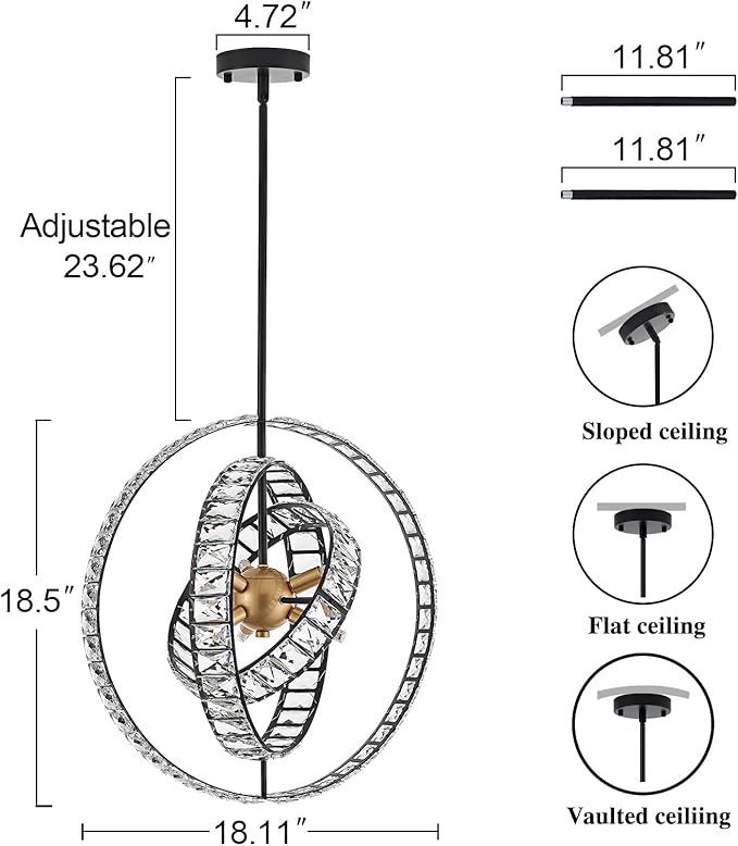 18" Crystal Globe Sputnik Chandelier, 6-Light Black Gold Modern Adjustable Hanging Ceiling Pendant Light Fixture for Entryway Foyer Stairway Bedroom Dining Living Room Hallway-CasaMuseHome