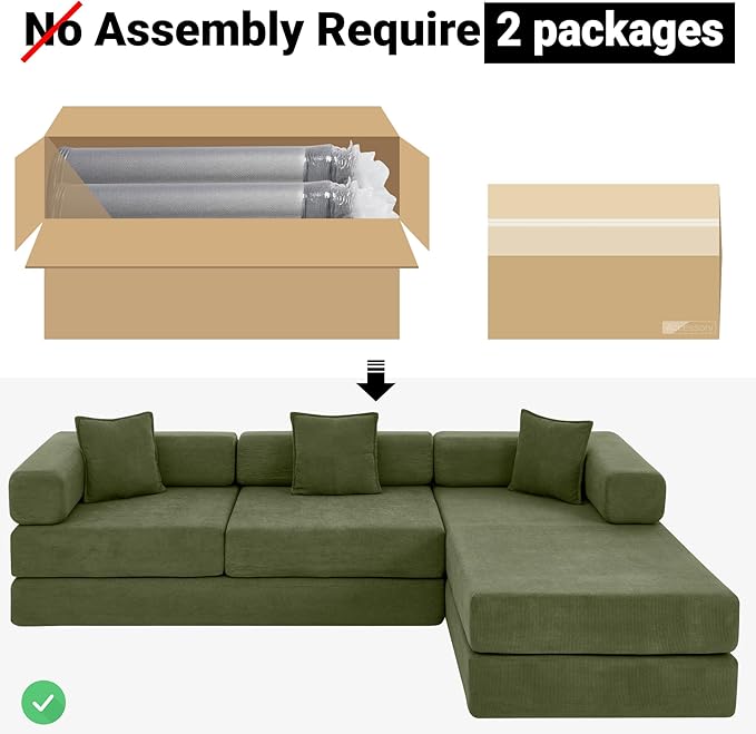 108" Oversized Convertible Sleeper Sofa Bed, Corduroy L Shape Sectional Couch, Folding Sofa Bed with Side Pocket, Modern Cloud Floor Mattress Couch, Modular Sofa for Living Room, Green-CasaMuseHome