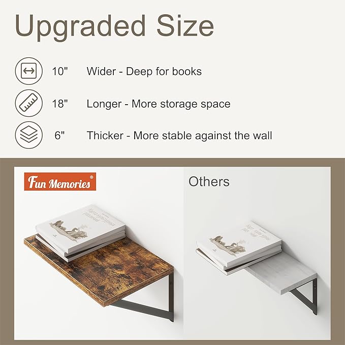 18"W x10"D Floating Shelves, Farmhouse Wall Shelves Home Decor Shelf, Deep Bathroom Shelves with Bracket, 10 Inch Deep Wall Shelf for Living Room, Kitchen, Bedroom, Rustic Brown, Set of 2-CasaMuseHome