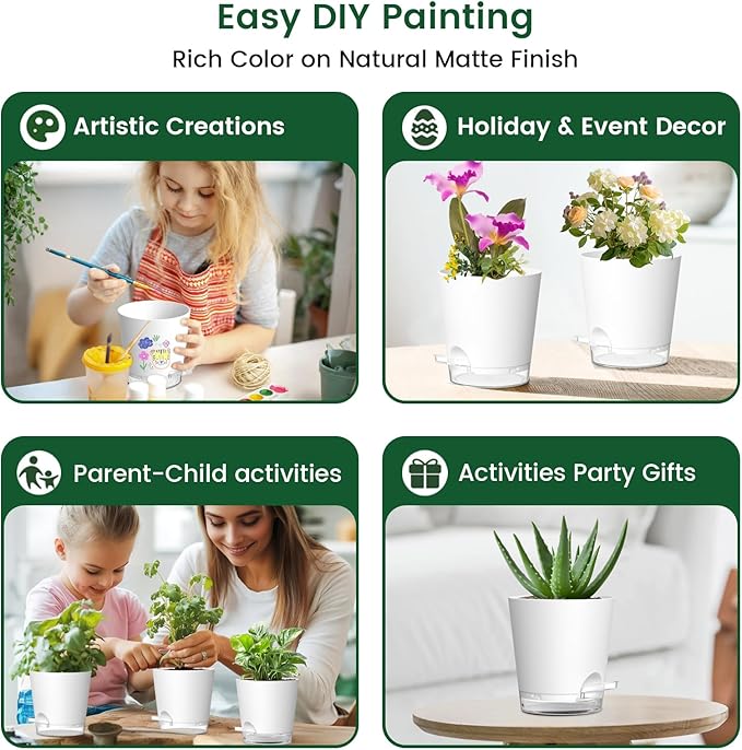 4 inch Self Watering Pots for Indoor Plants, 5 Pack Small Flower Plant Pots with Drainage Holes and Clear Reservoirs, Visible Water Level, Plastic Planters with Wicking Rope, White-CasaMuseHome