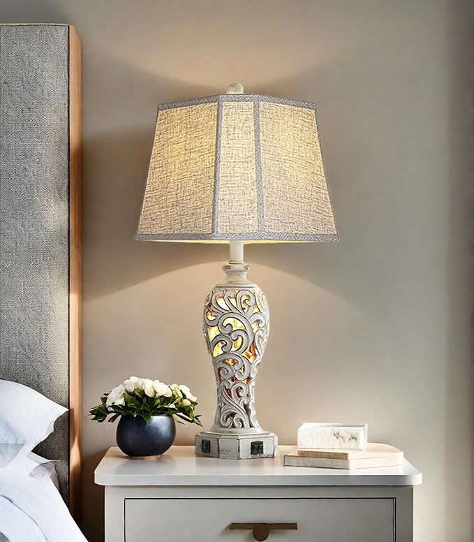 25'' Farmhouse Table Lamp for Living Room Bedroom, 2 USB Ports Vintage Rustic Nightstand Desk Lamp with Nightlight, White Hollow Out Resin Lamp for End Table (Bulb Included)-CasaMuseHome