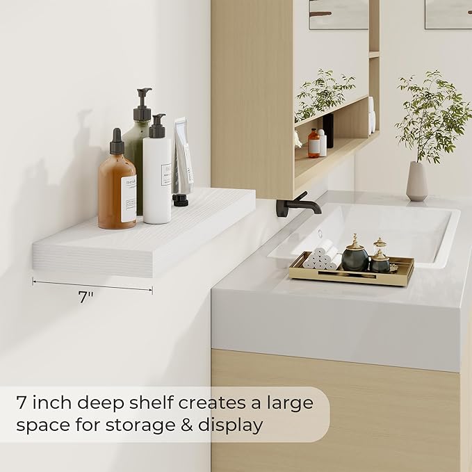 24 inch Floating Shelves Long Floating Shelves for Wall Large Wall Mounted Shelves with Invisible Brackets, White Shelves for Bathroom, Living Room, Kitchen, Office, 24x6.7 inch deep Set of 2-CasaMuseHome