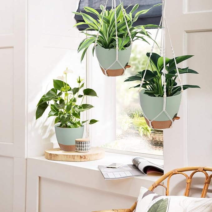 41.5 Inch Macrame Plant Hanger Indoor Outdoor with 12 Inch Flower Pot, Hanging Planter for Plants Holder with Wood Beads for Boho Home Decor (Ivory+Green)-CasaMuseHome