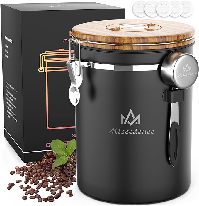 35OZ Coffee Canister for ground coffee with Date Tracker,Wood grain lid 304 Stainless Steel Kitchen Food Airtight storage container for Coffee Beans or Grounds, Tea, Sugar(35oz-grain)-CasaMuseHome