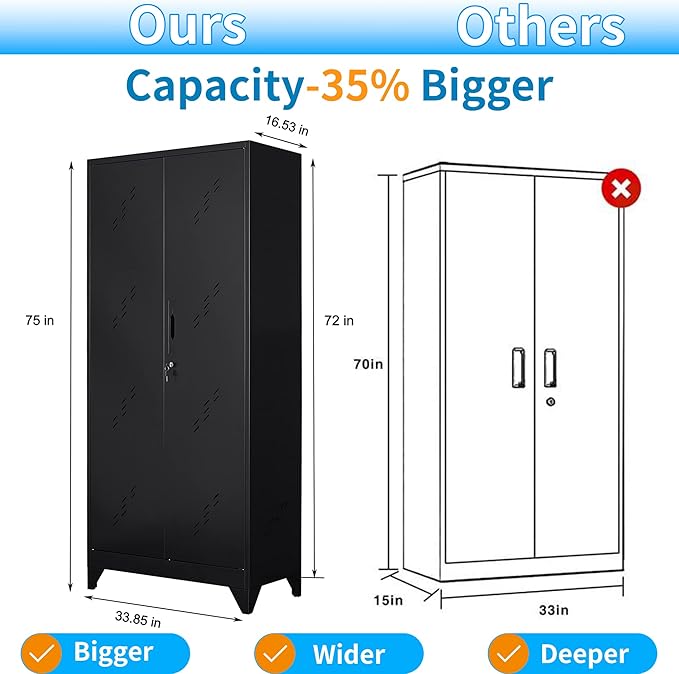 75" Metal Storage Cabinet, Tool Cabinets with Hooks, Garage Storage Cabinet with Lock, Heavy-Duty Tool Cabinet for Utility Room, Gym, Basement, Broom Closet Cabinet, Black-CasaMuseHome