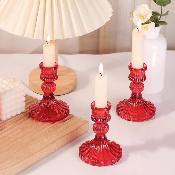 12PCS Red Candlestick Holders Set- 4" H Taper Candle Holders, Glass Candle Holders Bulk for Activities, Party, Home Table Centerpieces, Festival Gifts & Windowsill Decor-CasaMuseHome