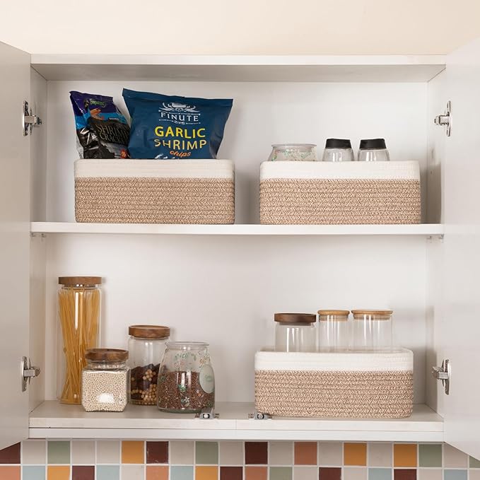 3 Pack Small Storage Baskets for Organizing, Cute Woven Decorative Gift Baskets for Shelves, Mini Closet Organizer Bins with Handles-13''Lx8.66''Wx5.11''H-Brown and White-CasaMuseHome