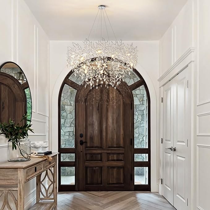 14-Light Modern Living Room Crystal Chandeliers,48" Round Silver Tree Branche Chandelier,Silver K9 Crystal Chandeliers for Dining Room,High Ceiling,Entryway、Foyer-CasaMuseHome