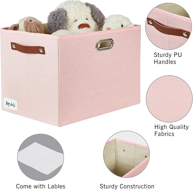 3-Pack Foldable Fabric Storage Bins with Durable PU & Metal Handles, Collapsible Storage Baskets for Shelves, Home Storage, Closet Organizers, Living Room(17"x11.8"x11.8", Pink)-CasaMuseHome
