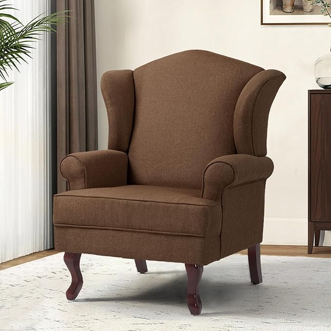 Accent Chair, High Back Upholstered Armchair with High Resilience Sponge & Wood Legs, Mid-Century Modern Comfy Single Sofa Reading Chairs for Living Room, Bedroom (Brown, Set of 2)-CasaMuseHome