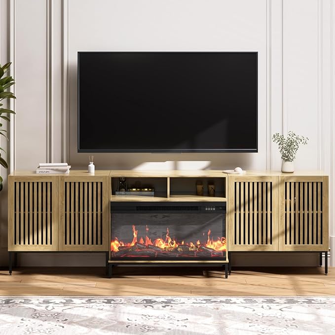 3-Sided Glass Farmhouse Fireplace TV Stand for TVs Up to 100 Inch, Entertainment Center with 36" Electric Fireplace, Oak TV Console with Storage Cabinets for Living Room-CasaMuseHome