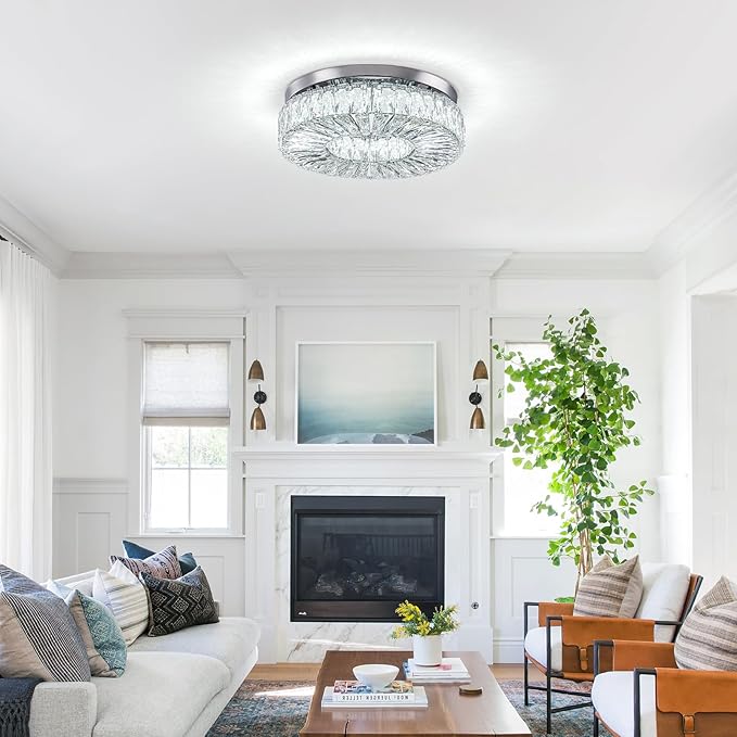 16.5" Crystal Chandelier LED Modern Flush Mount Ceiling Light Fixtures Round Ring Luxury Large Chandelier for Living Room Bedroom Dining Room Entrance (Cool white-16.5")-CasaMuseHome