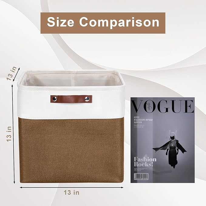 13x13 Cube Storage Bins, Collapsible Fabric Storage Box, 4 Pack Closet Baskets with Handles for Organizing, Shelf, Toys, Clothes, Home, Office, Nursery (Brown&White)-CasaMuseHome