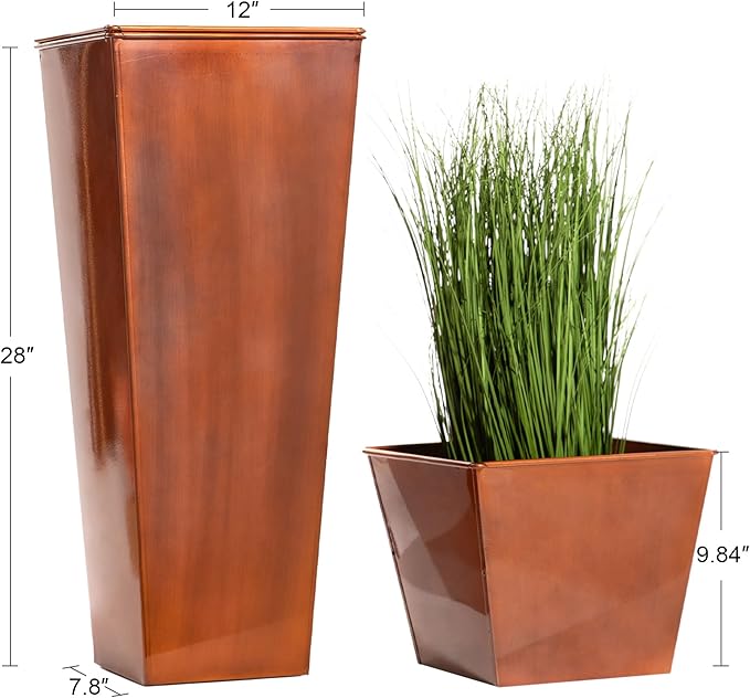 28in Tall Metal Copper Square Planter Galvanized Steel Metal Planters for Indoor/Patio Deck Garden Entrance Planter-CasaMuseHome