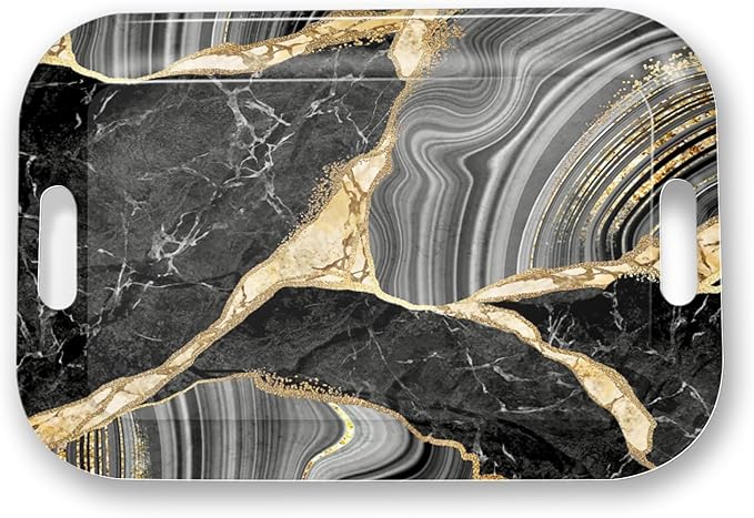 Serving Trays with Handles, 14.5 x 9.8 inch Rectangular Plastic Tray for Restaurant, Kitchen, Abstract Background Black Marble-CasaMuseHome