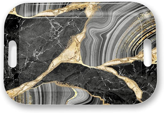 Serving Trays with Handles, 14.5 x 9.8 inch Rectangular Plastic Tray for Restaurant, Kitchen, Abstract Background Black Marble-CasaMuseHome