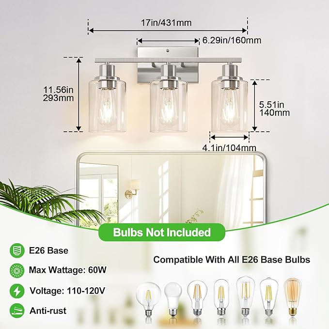 3-Light Bathroom Light Fixtures, Brushed Nickel Vanity Lights with Clear Glass Shades, Modern Bathroom Wall Lamp for Mirror Living Room Cabinet Bedroom Porch-CasaMuseHome