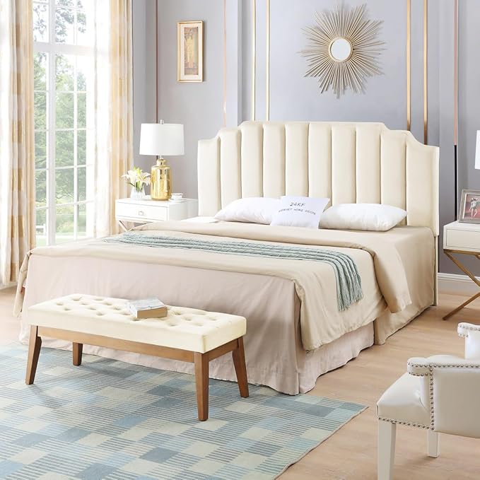 24KF Cream Velvet Tufted King Upholstered Headboard, Modern Vertical Channel Design California King Headboard with Stepped Silhouette Top Edge,Cream-CasaMuseHome
