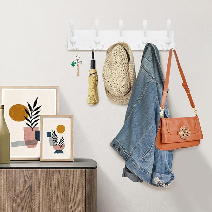 2pcs Coat Rack Wall Mount Coat Hooks Wooden Hat Rack for Wall Hooks Pine Real Wood Plank 16.9" White Coat Hanger with 5 White Triple Hooks for Hanging Coat Hat Jacket-CasaMuseHome
