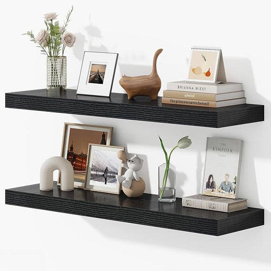 36 Inches Floating Shelves for Wall, 9.3" Deep Long Floating Shelves Set of 2, Large Display & Storage Shelf, Wall Shelf for Bathroom Bedroom Living Room Kitchen Office, Black-CasaMuseHome