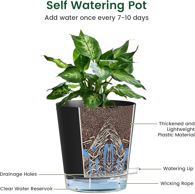 4 inch Self Watering Pots for Indoor Plants, 5 Pack Small Flower Plant Pots with Drainage Holes and Clear Reservoirs, Visible Water Level, Plastic Planters with Wicking Rope, Black-CasaMuseHome