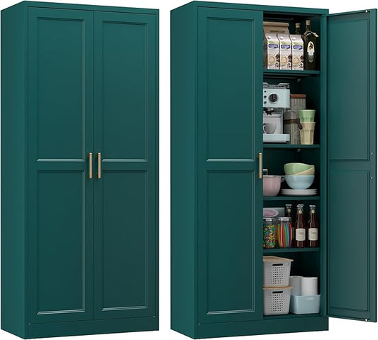 71" Metal Pantry Cabinet, Tall Kitchen Pantry Storage Cabinet with 4 Adjustable Shelves and Gold Handles, Green Cupboard for Kitchen, Dining Room, Living Room-CasaMuseHome