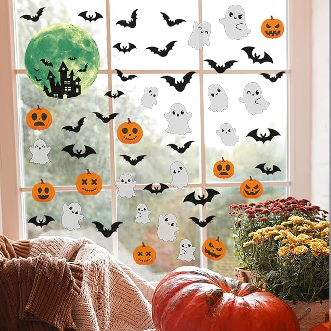 6 Sheets Halloween Window Clings Halloween Window Stickers Double-Sided Removable Castle Pumpkin Ghost Bat Window Decals Decor for Scary Halloween Theme Party Decorations-CasaMuseHome
