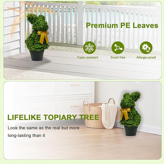 2 Pcs Artificial Bunny Shaped Topiary Trees, Artificial Green Boxwood Bunny Decorations with Gold Bow, Perfect for Indoor & Outdoor Front Porch, Easter& Garden Decor (Bunny Tree with Base)-CasaMuseHome