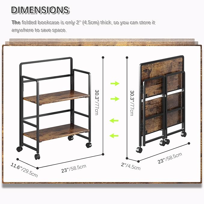 4NM 2 Tiers No-Assembly Folding Bookshelf with Wheels, Portable Rolling Storage Bookcase & Compact Side Table for Living Room, Bedroom, Kitchen, Bathroom (Rustic Brown and Black)-CasaMuseHome
