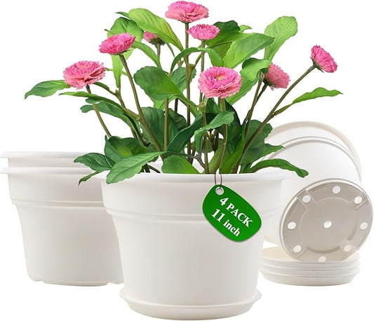 11 Inch Plastic-Flower-Pot-for-Indoor-Plants, 4 Pack Large Outdoor Planter Pot with Drainage Holes & Saucers, Resin Decorative Garden Pots Planters-CasaMuseHome
