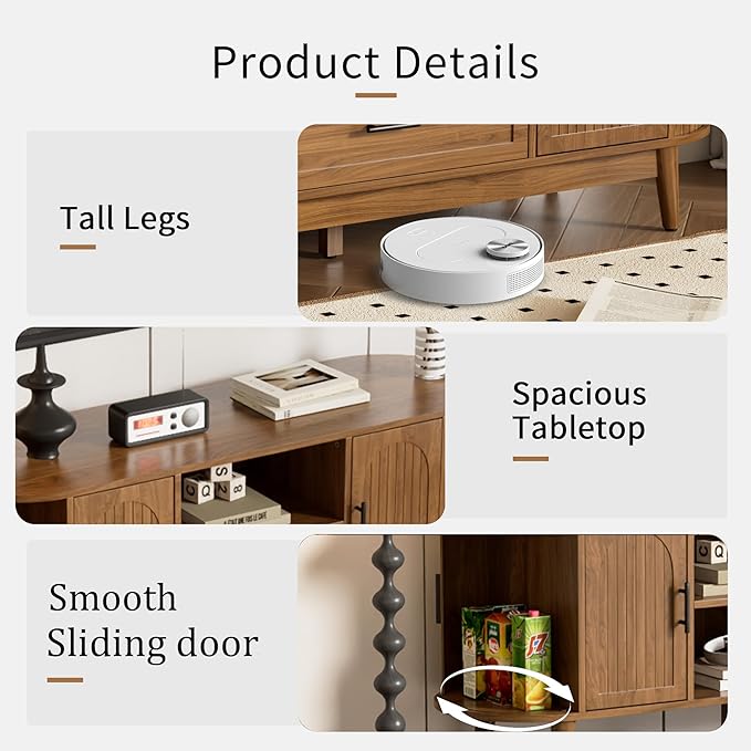 63" Fluted TV Stand for Tvs up to 70", Mid-Century Modern Entertainment Center with Drawers and Fluted Doors, Curved TV Media Console Table with Sliding Doors for Living Room, Bedroom (63")-CasaMuseHome