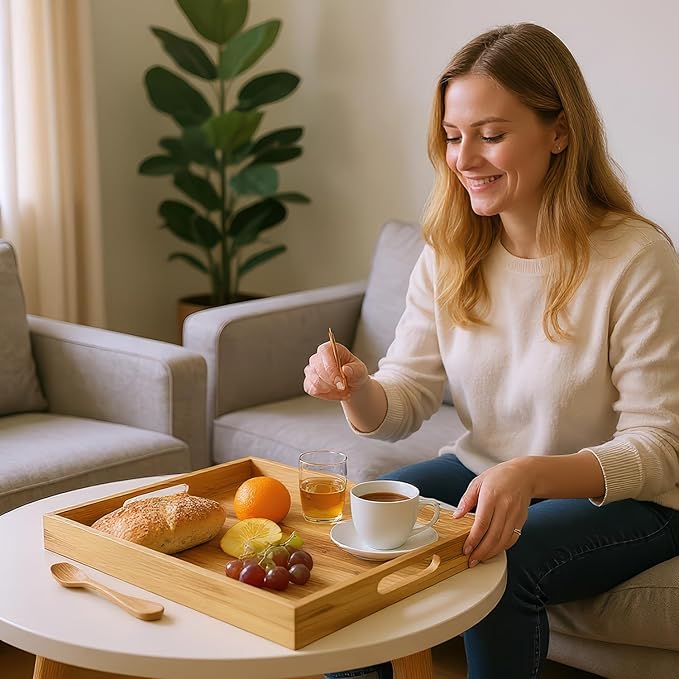 Koppen Acacia Wood Serving Tray with Handles, 17" x 13.86", Large Wooden Platter for Breakfast, Ottoman Tray for Party, Snacks, Fruit, Coffee Table, Living Room, Sofa, Bed, Outdoor-CasaMuseHome