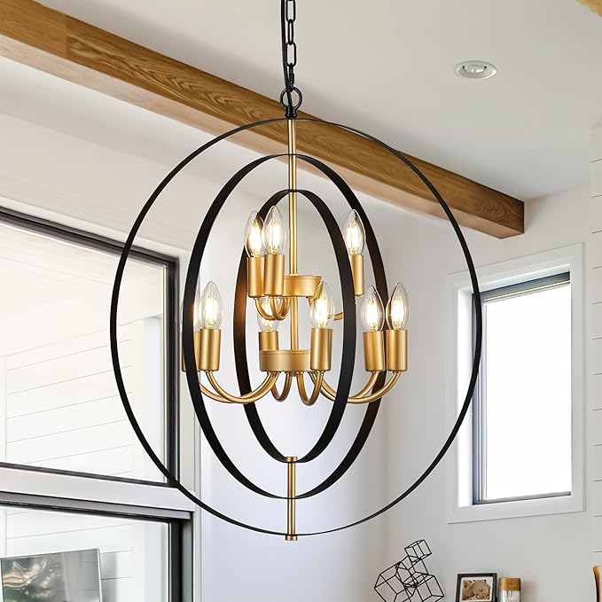 9-Light Globe Rustic Metal Chandelier, 23.6" Black Gold Adjustable Hanging Ceiling Pendant Light Fixture for Entryway Foyer Stairway Bedroom Dining Living Room Hallway-CasaMuseHome