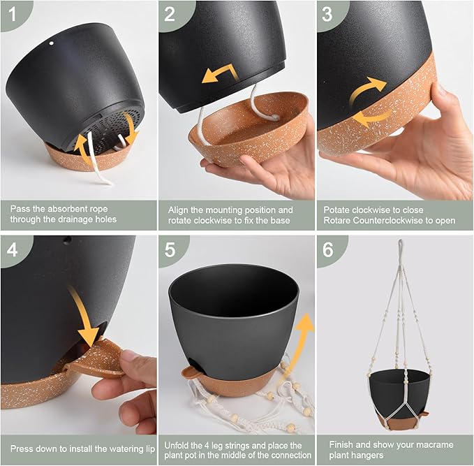 41.5 Inch Macrame Plant Hanger Indoor Outdoor with 12 Inch Flower Pot, Hanging Planter for Plants Holder with Wood Beads for Boho Home Decor (Ivory+Black)-CasaMuseHome