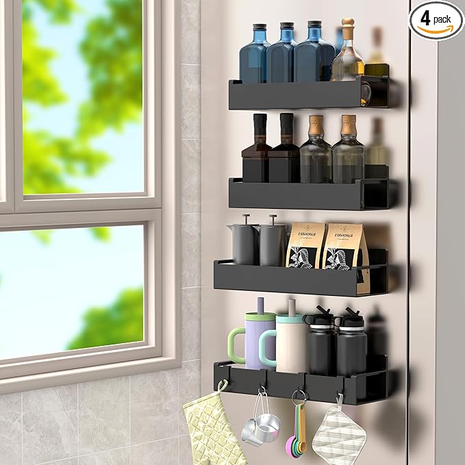 4 Pack Magnetic Spice Rack Organizer for Refrigerator and Oven, Matt Black Fridge Organizers and Storage for Kitchen-CasaMuseHome