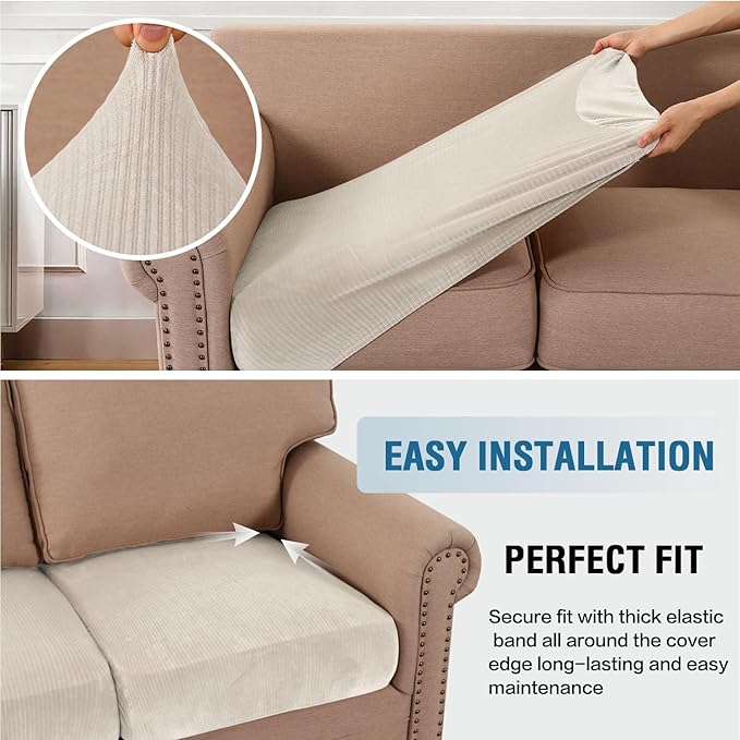 H.VERSAILTEX Velvet Stretch Couch Cushion Cover Plush Cushion Slipcover for Chair Cushion Furniture Protector Seat Cushion Sofa Cover (1 Piece Armchair Cushion Covers, Ivory Striped)-CasaMuseHome