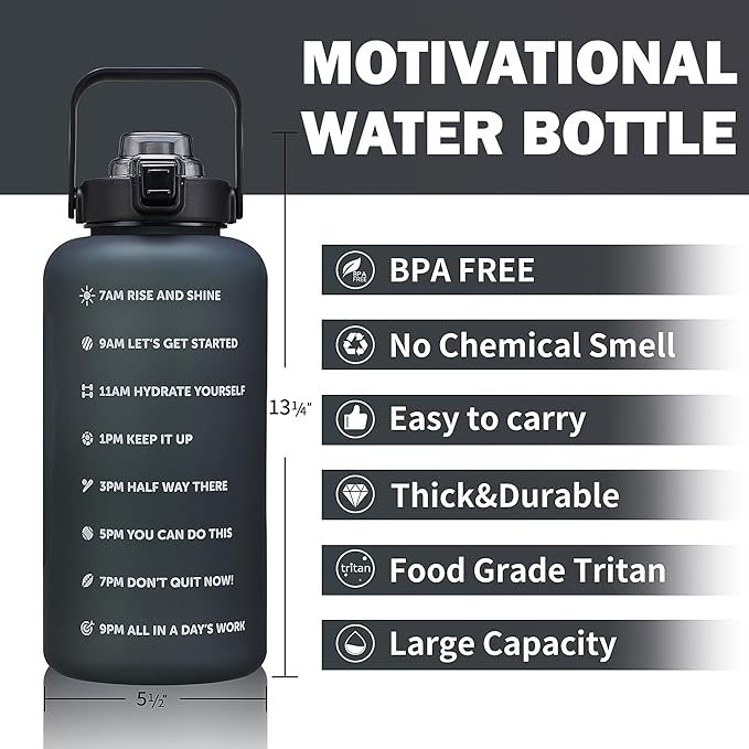 64oz,100oz,128oz Large Motivational Water Bottle with Time Marker, Leakproof & BPA Free Half Gallon Big Water Bottle with Straw Handle Tritan Frosted Water Jug for Gym,Fitness,Outdoor Sports-CasaMuseHome