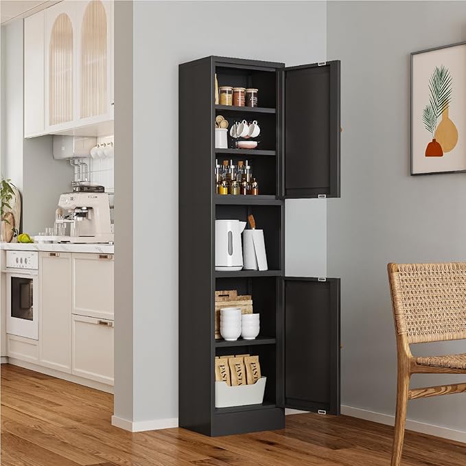 67" Tall Bathroom Storage Cabinet, Narrow Metal Floor Cabinet with 2 Doors and Adjustable Shelves, Freestanding Metal Locker for Laundry, Kitchen, Dining Room-CasaMuseHome